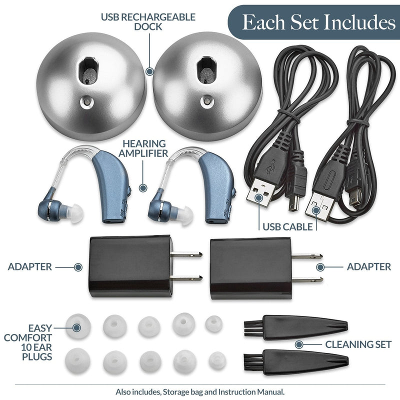 Digital Hearing Amplifier - (Pair of 2) Personal Hearing Enhancement Sound Amplifier, Rechargeable Digital Hearing Amplifier with All-Day Battery Life, Modern Blue