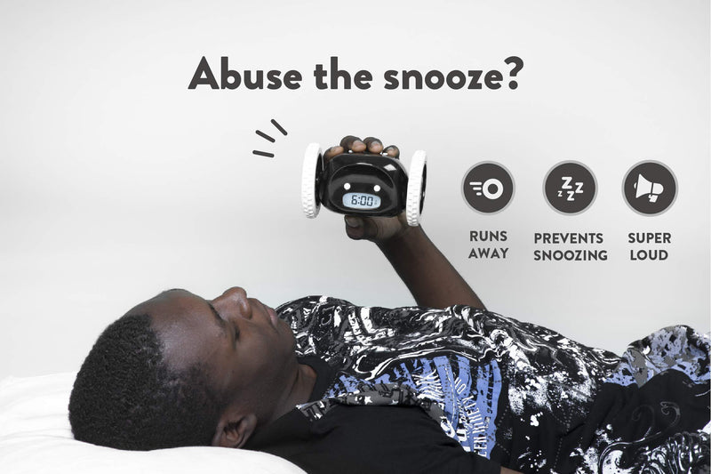 Clocky Alarm Clock on Wheels (Original) |Extra Loud for Heavy Sleeper (Adult or Kid Bed-Room Robot Clockie) Funny, Rolling, Run-away, Moving, Jumping (Black) Black