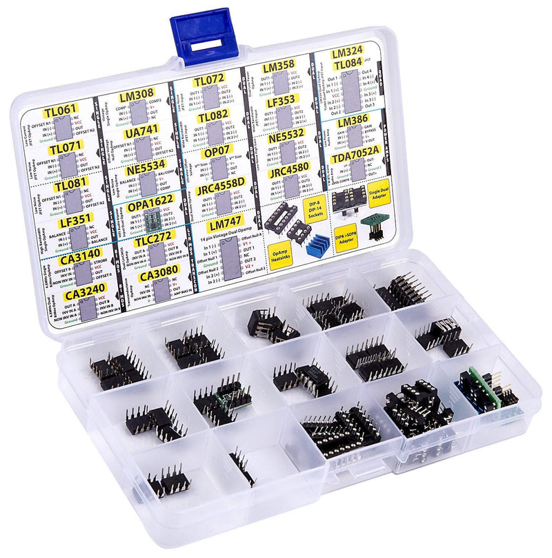 OpAmp Assortment 70 pcs incl. Sockets, TL061 TL071 TL081 UA71 LM308 LF351 LF353 NE5534 TL084 OPA1622 LM324 TL072 TL082 LM358 LM747 OP07 JRC4558D Dual NE5532 LM386 CA3080 CA3140 CA3240 TLC272 TDA7052