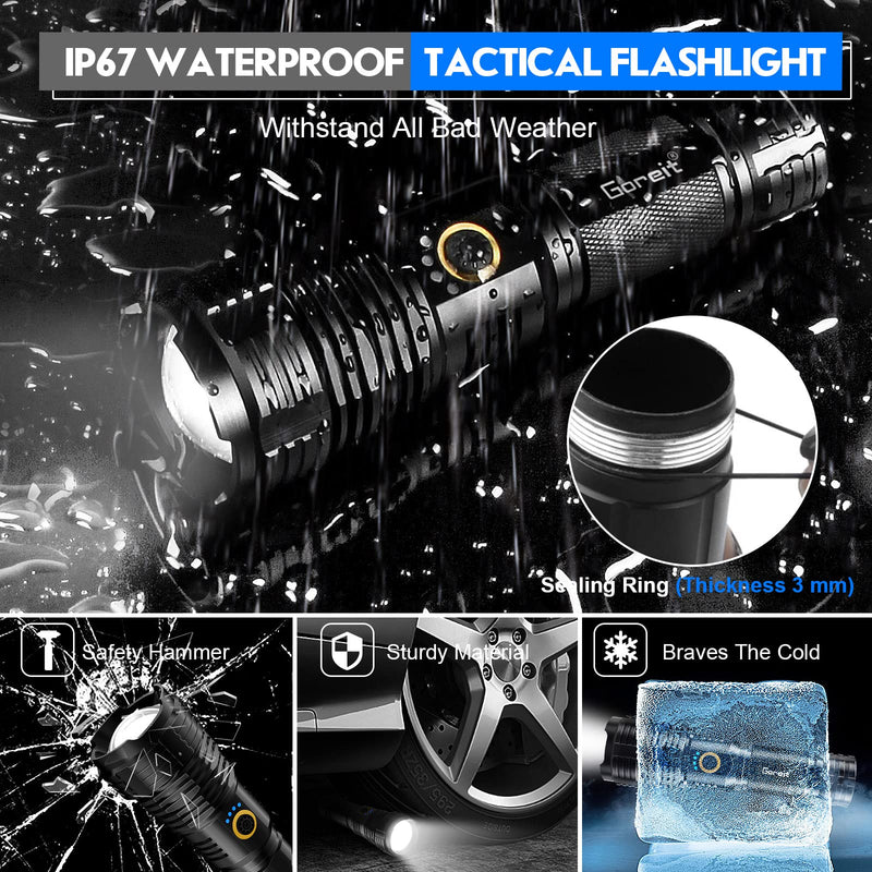 Flashlights LED High Lumens Rechargeable, Goreit 20000 Lumens XHP70.2 Super Bright Flashlight, High Powered Flash Light, Powerful Handheld Tactical Flashlights for Emergency Camping Hiking Gift Black