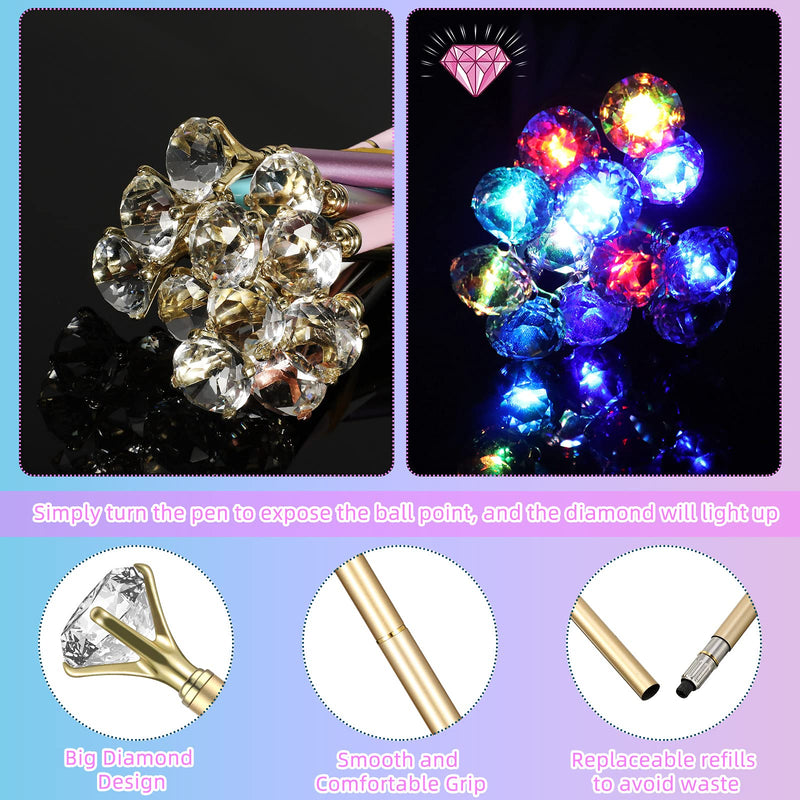 12 Pieces LED Diamond Pen Light Up Diamond Ballpoint Pen Bling Rhinestone Metal Pen Crystal Black Ink Pens for Wedding, Birthday, Bridal Shower, Home (Multicoloured, Simple Style) Multicoloured