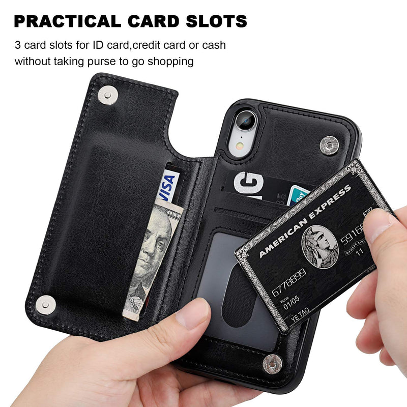 OT ONETOP iPhone XR Wallet Case with Card Holder, Premium PU Leather Kickstand Card Slots Case,Double Magnetic Clasp and Durable Shockproof Cover for iPhone XR 6.1 Inch(Black) iPhone XR 6.1" Black