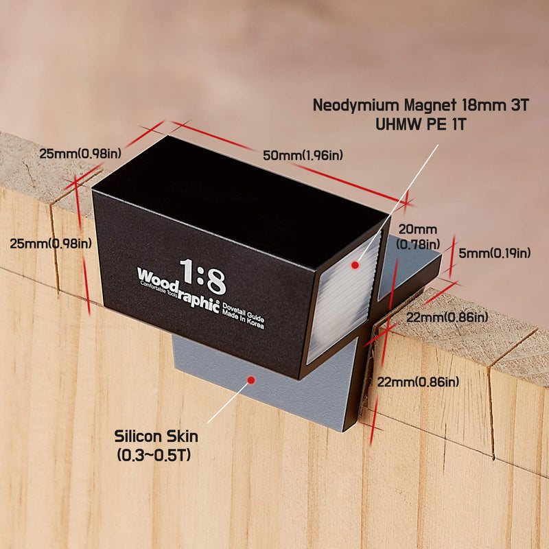 Woodraphic All New Dovetail Jig Marker Hand Magnetic Saw Guide Marking Hand Cut Wood Joints Gauge - Aluminium/Uhmwpe/Neodymium Magnet/Slicone Skin (1:6 for Soft Wood) 1:6 for Soft Wood