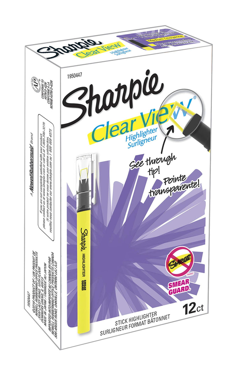 Sharpie Clear View Highlighter Stick, Yellow, 12/Pack (1950746) 12-Count