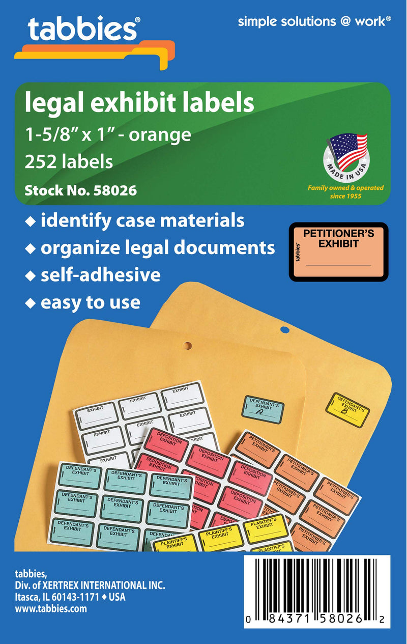 Tabbies Legal Exhibit Labels, Label: 1-5/8"W x 1"H, Sheet: 5-1/4"W x 3-1/4"H, Orange,"PETITIONER'S Exhibit" 252 Label/Pack (58026) Petitoner'S Exhbit