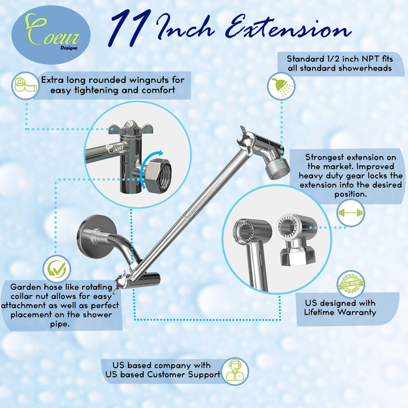 Coeur Designs 12-Inch Shower Extension Arm. Solid Brass. Height/Angle Adjustable With a Unique Locking Gear for a Perfect Position Every time. Holds All Showerhead Sizes!! 12 Inch Brushed Nickel