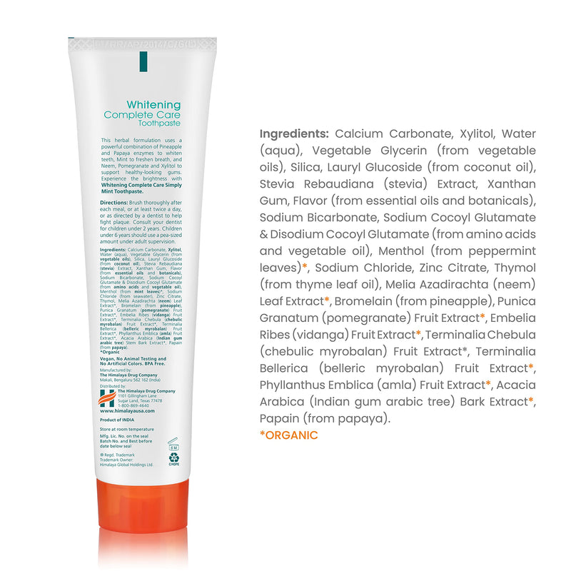 Himalaya Botanique Complete Care Whitening Toothpaste, Simply Mint, for a Clean Mouth, Whiter Teeth and Fresh Breath, 5.29 oz 5.29 Ounce (Pack of 1)