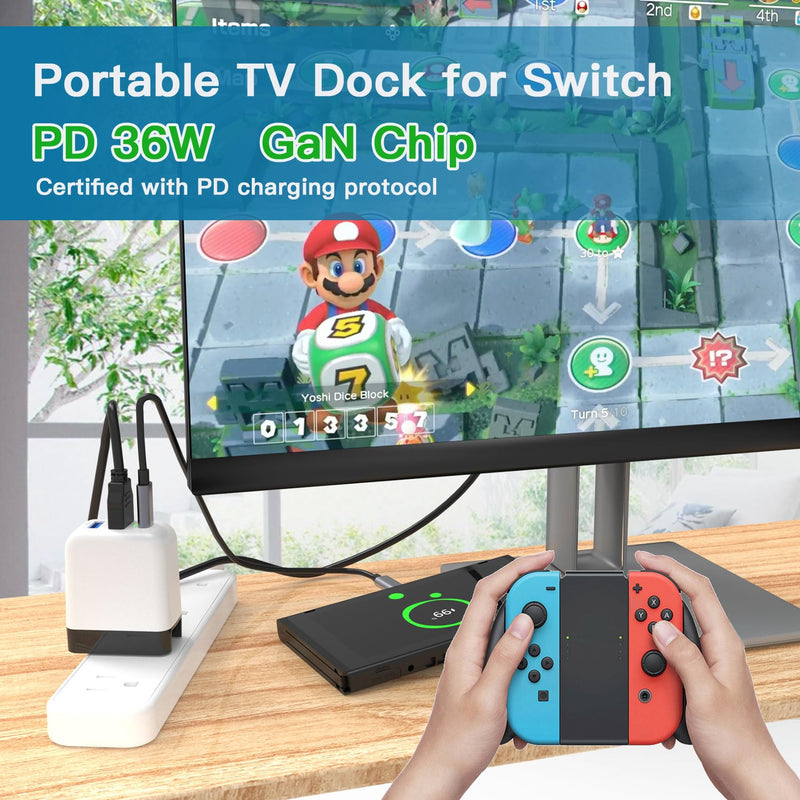 Switch Dock Charger for Nintendo Switch, Mirabox 36W Portable TV Docking Station for Nintendo Switch with 4K@60Hz HDMI/USB2.0/PD USB-C Fast Charging Ports, Full-Featured USB-C to USB-C Cable Included White