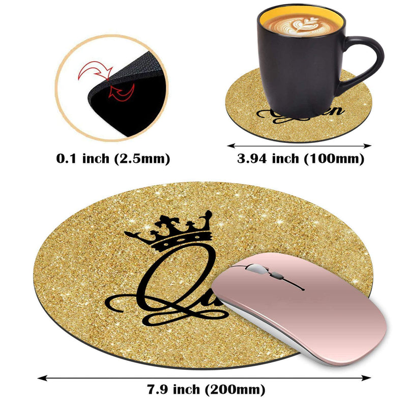 Round Mouse Pad with Coasters Set, Gold Glitter Quotes Crown Queen Design Mouse Pad, Non-Slip Rubber Base Mouse Pads for Laptop and Computer Office Accessories