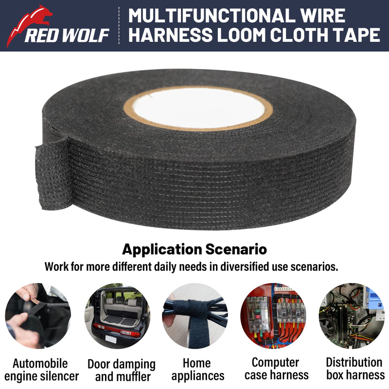 RED WOLF Wiring Harness Tape High Temp Wire Cable Loom Self-Adhesive Fabric Tape for Electrical Automotive Engine Harness Wrap Protection Noise Damping Cables Fixed 3/4 Inch x 49 FT 5 Rolls