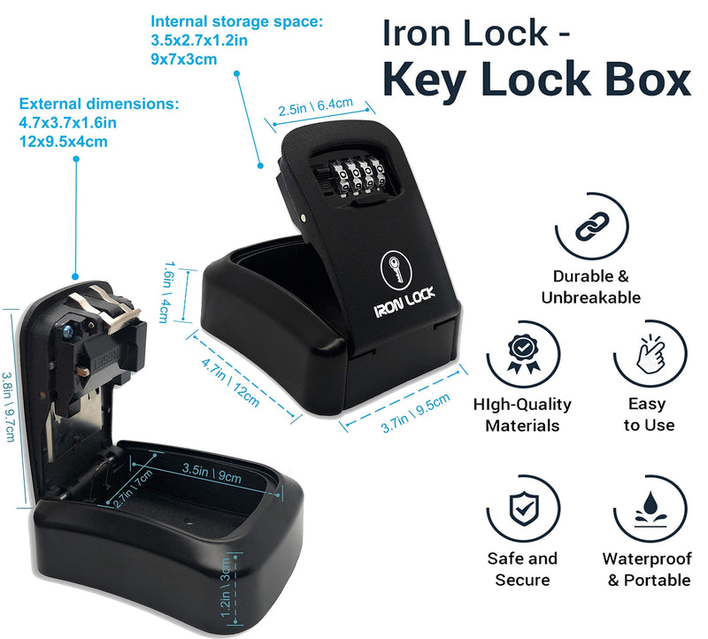 Iron Lock® Wall Mount Key Lock Box for Keys 4 Digit Combination with Resettable Code with A B Switch Waterproof Indoor Outdoor House Key lockbox for Spare House Keys 5 Capacity Medium Black