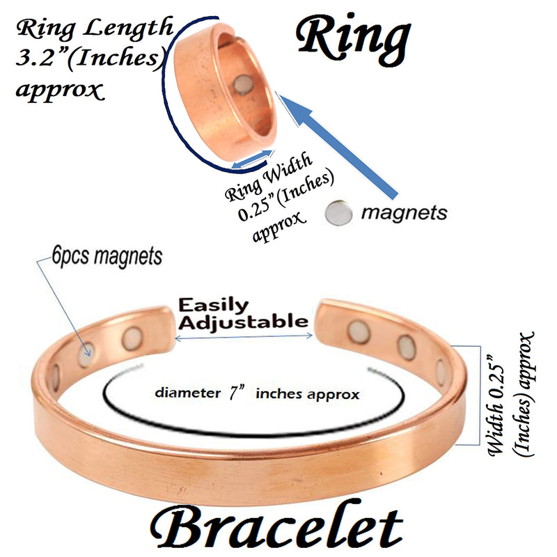 Touchstone Indian Hand Crafted Magnet Healing Copper Bracelet and Identical Finger Ring Chakra Jewelry Cuff Gift for Women and Men. Copper Plain
