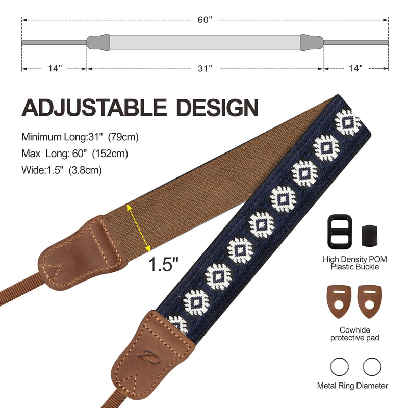 Camera Strap - 1.5" Cowhide Head Shoulder Neck Strap ,Retro Jacquard Embroidery Multi-pattern camera straps for Cameras and Binoculars,Cute Adjustable Thin Strap for Adults & Kids(Vintage Blue） Vintage Blue 1.5 inch Wide / Adjustable 31~60 inch