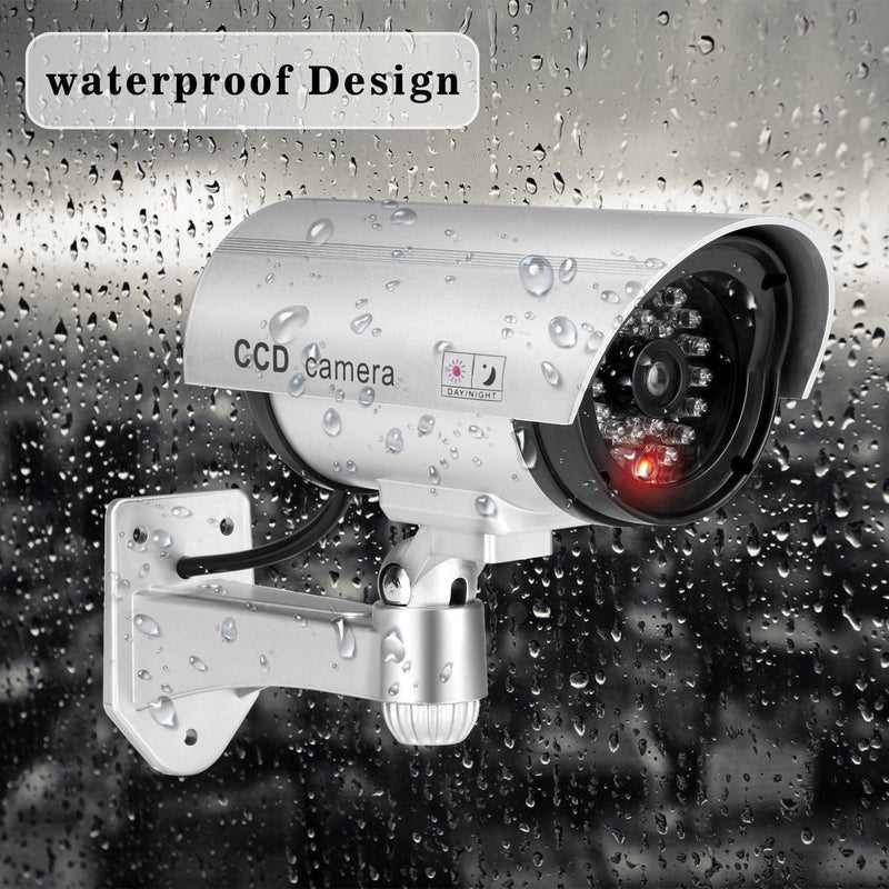 Dummy Security Camera, Fake CCTV Surveillance System with Realistic Red Flashing Lights and Warning Sticker (1, Silver)