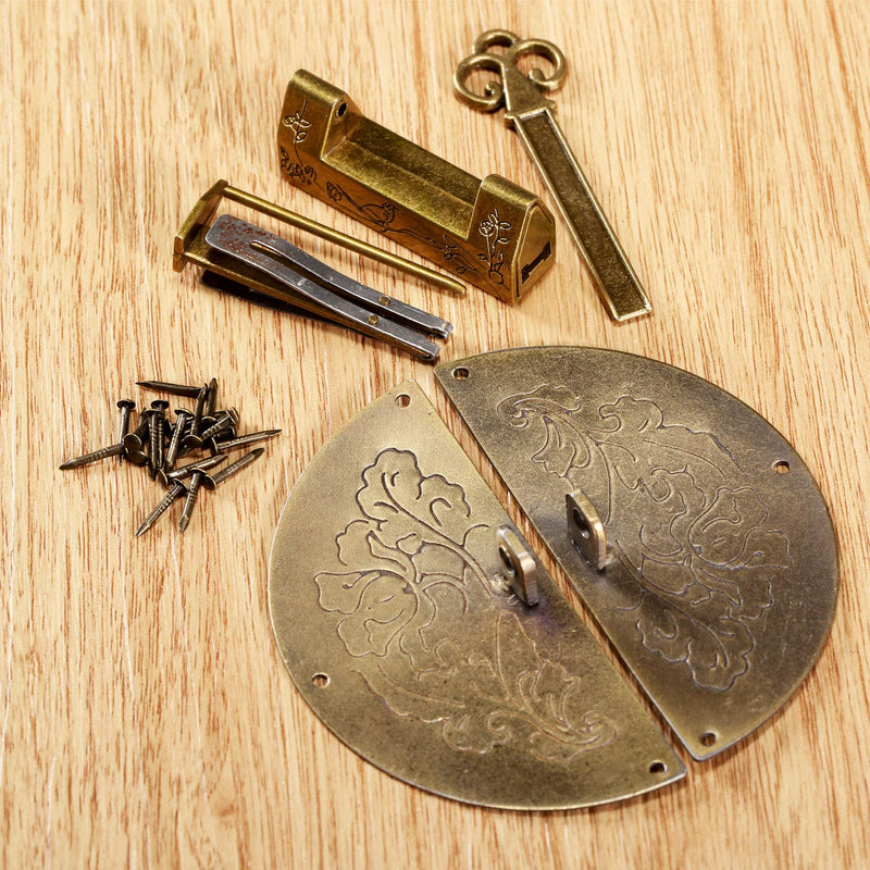 Dophee Old Style Chinese Carved Lock with Key & Pull Handle & Screws for Cabinet Jewelry Box Gift Box