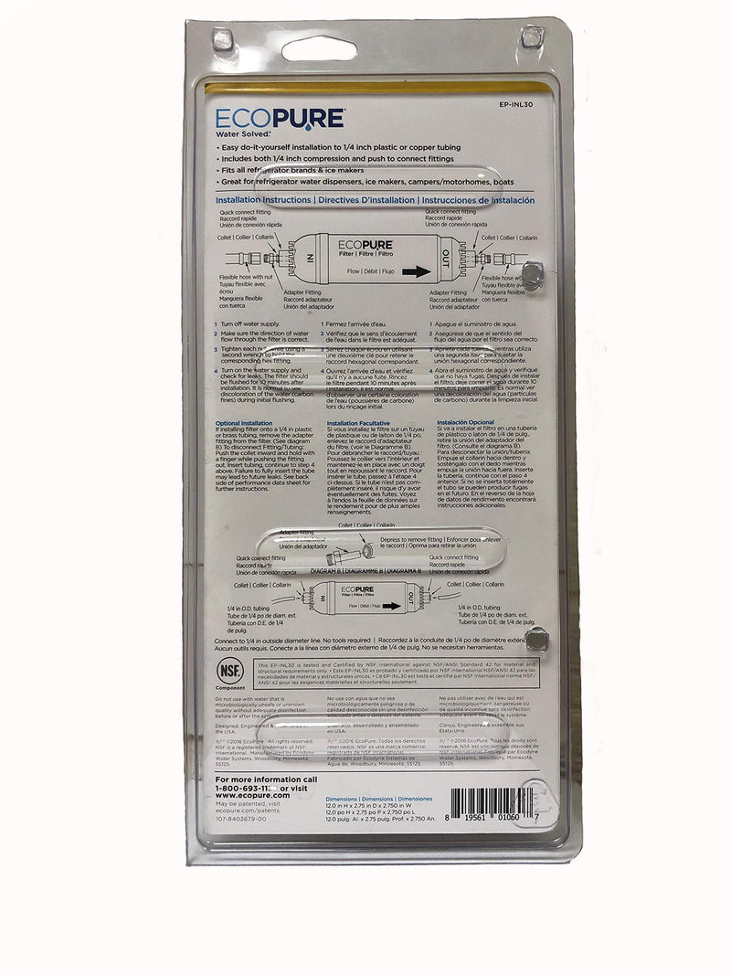 EcoPure EPINL30 5 Year in-Line Refrigerator Filter-Universal Includes Both 1/4" Compression and Push to Connect Fittings