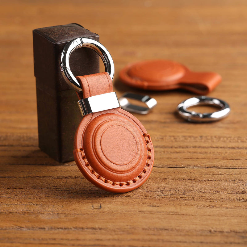 LQU for Apple Airtag Holder Keychain with Real Leather Protection, Secure Air Tag Holder Keychain with Metal Ring Lock, Durable Airtag Case Cover Key Ring Accessories - Brown V2.0 [1 Pack] Brown V2.0