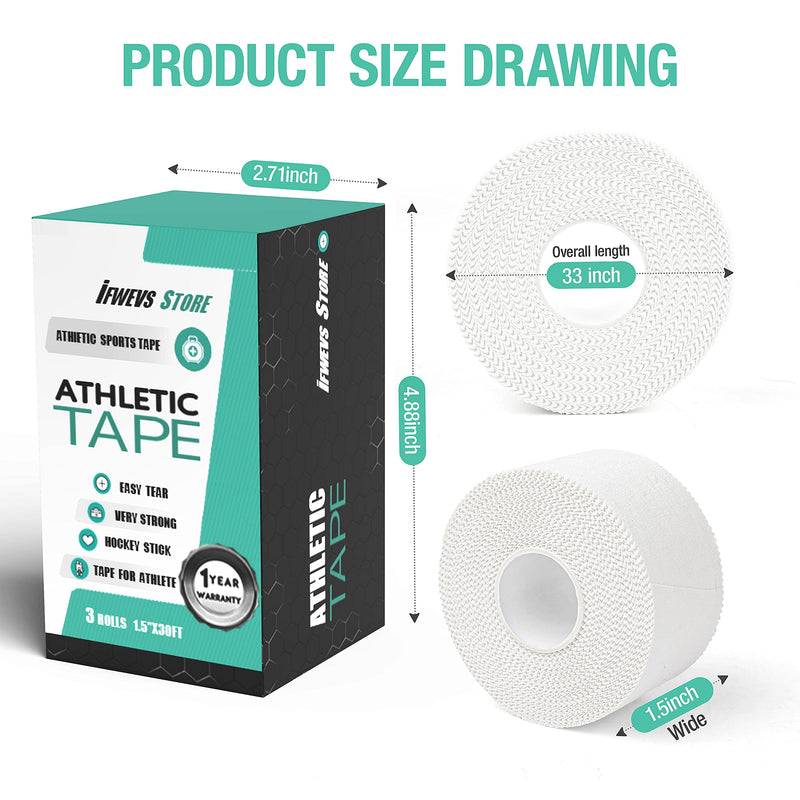 (3 Pack) White Athletic Sports Tape, Very Strong Easy Tear No Sticky Residue Tape for Athlete & Sport Trainers & First Aid Injury Wrap,Suitable for Bats,Tennis,Gymnastics & Boxing（1.5in X 35ft）