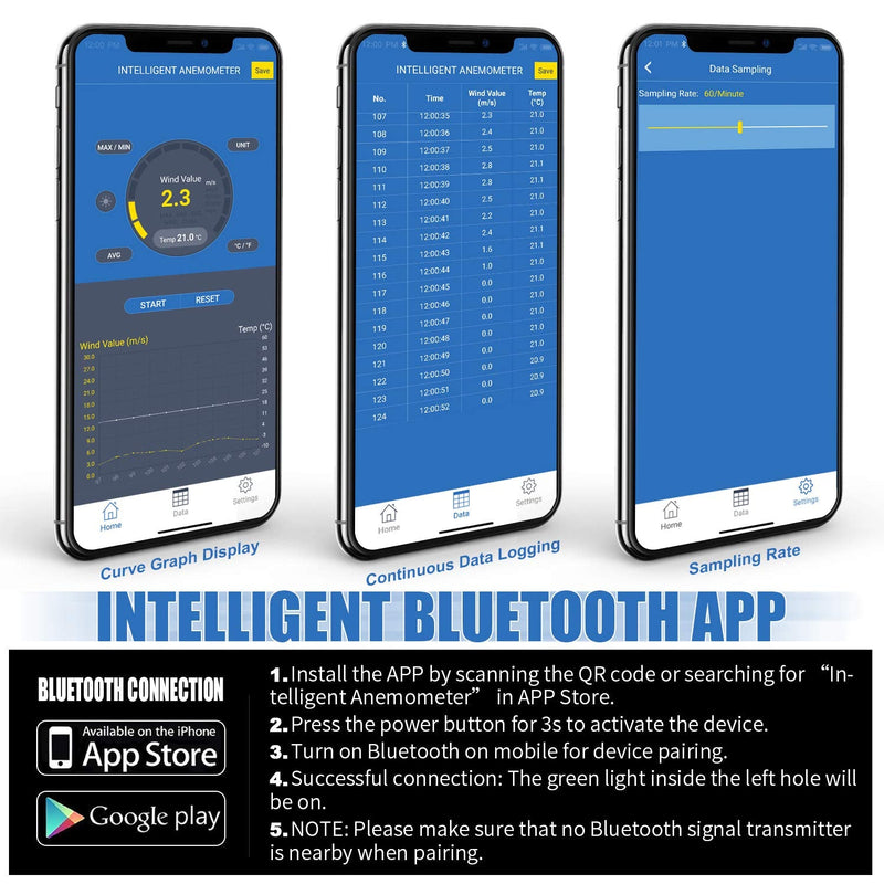 Bluetooth Digital Anemometer, Handheld Wind Speed Meter for Air Flow Velocity Wind Temperature Wind Chill Gauge Tester, with Phone Tablet APP AI-100APP w/Bluetooth APP Connection