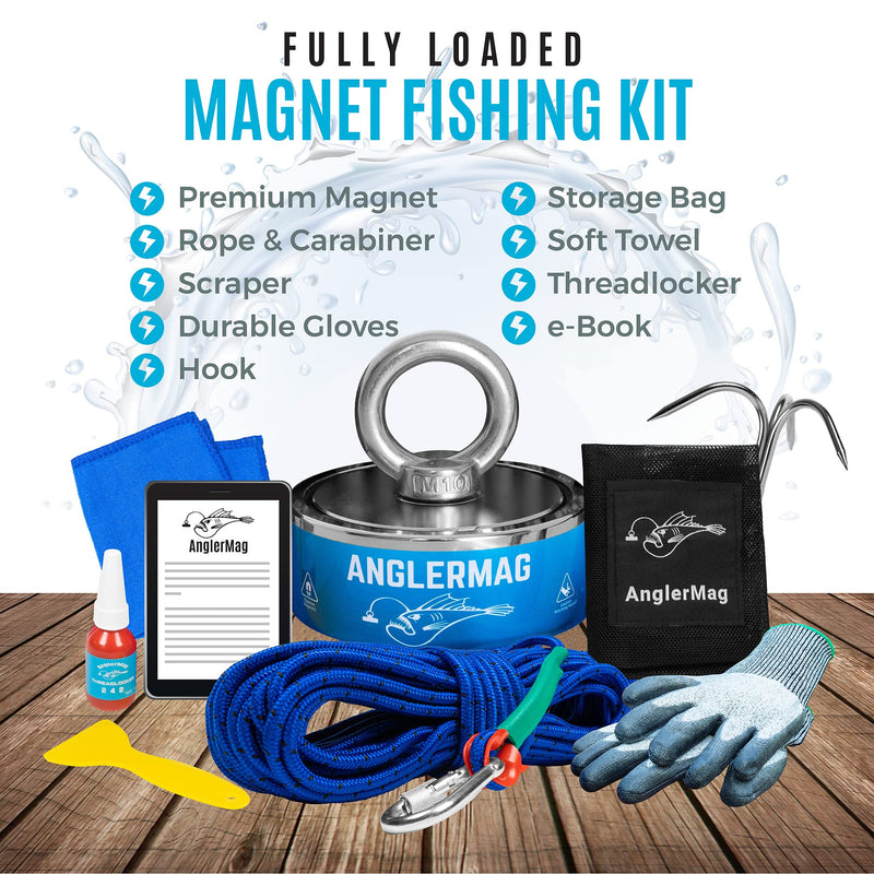 AnglerMag Magnet Fishing Kit, Strong Combined 1250 lb Double Sided Magnetic Fishing Kit with Rope, 10 Piece Complete Set, Fishing Magnet Kit for Salvage & Treasure Hunting in Rivers, Oceans & Lakes