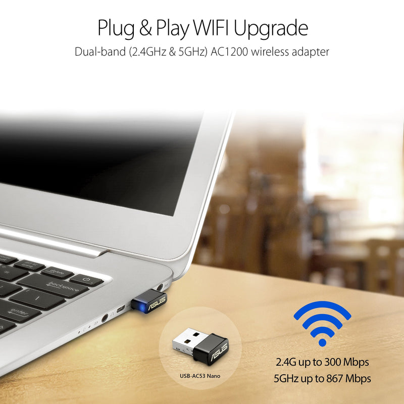 ASUS USB-AC53 AC1200 Nano USB Dual-Band Wireless Adapter, MU-Mimo, Compatible for Windows XP/Vista/7/8/1/10, Black