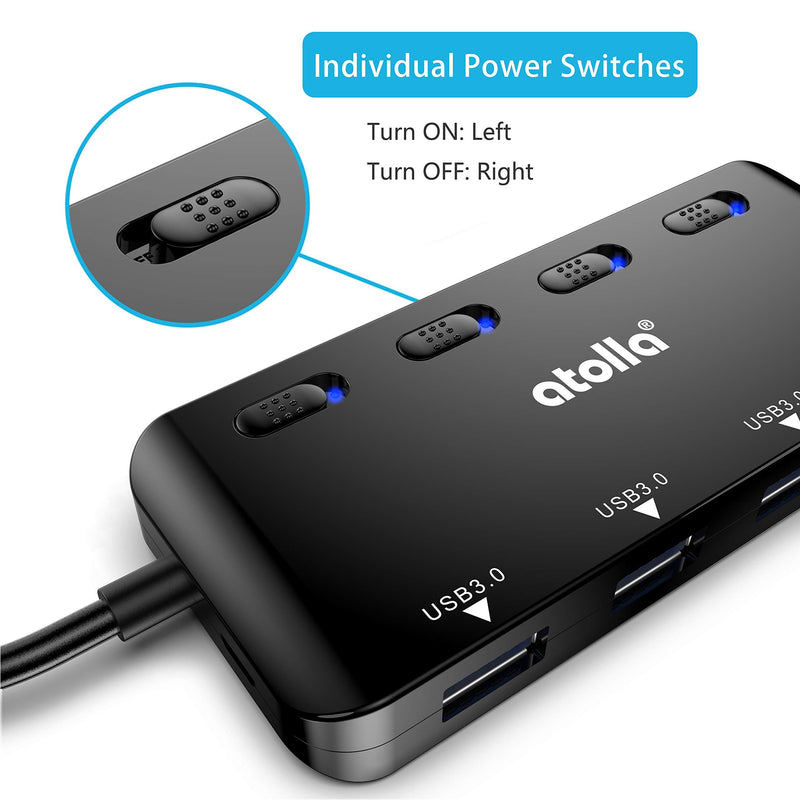 USB 3.0 HUB, atolla USB Hub with SD/Micro SD Card Reader, USB Splitter with 3 USB Ports, 2 Card Slots and Individual LED Power Switches Black