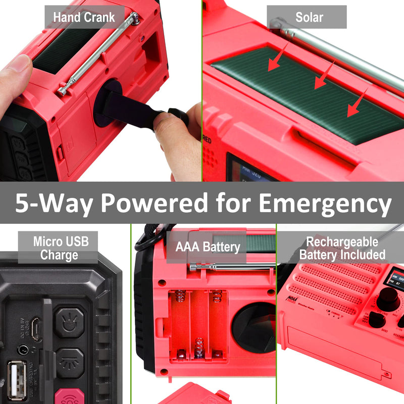 Portable Emergency Radio Hand Crank Solar AM/FM/SW/NOAA Weather Alert Radio 5000 Rechargeable with USB Charger, Flashlight, Reading Lamp, SOS Alarm, Headphone Jack, Survival Camping Gear Red