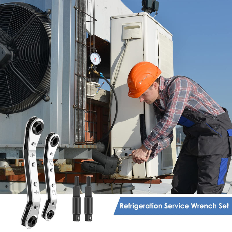 Hvac Service Wrench Refrigeration Service Wrench Set, 3/8 to 1/4, 5/16 x 1/4, Ratchet Wrench Refrigeration Tool Set Air Conditioner Valve with Hexagon Bit Adapter Kit for Equipment Repair