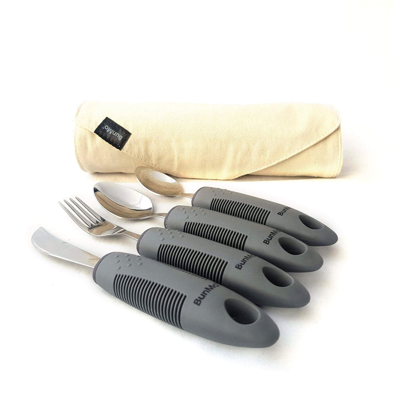 BunMo Adaptive Utensils for Elderly/Arthritis/Weak Hand Grip & Handicapped - Convenient Travel Pouch