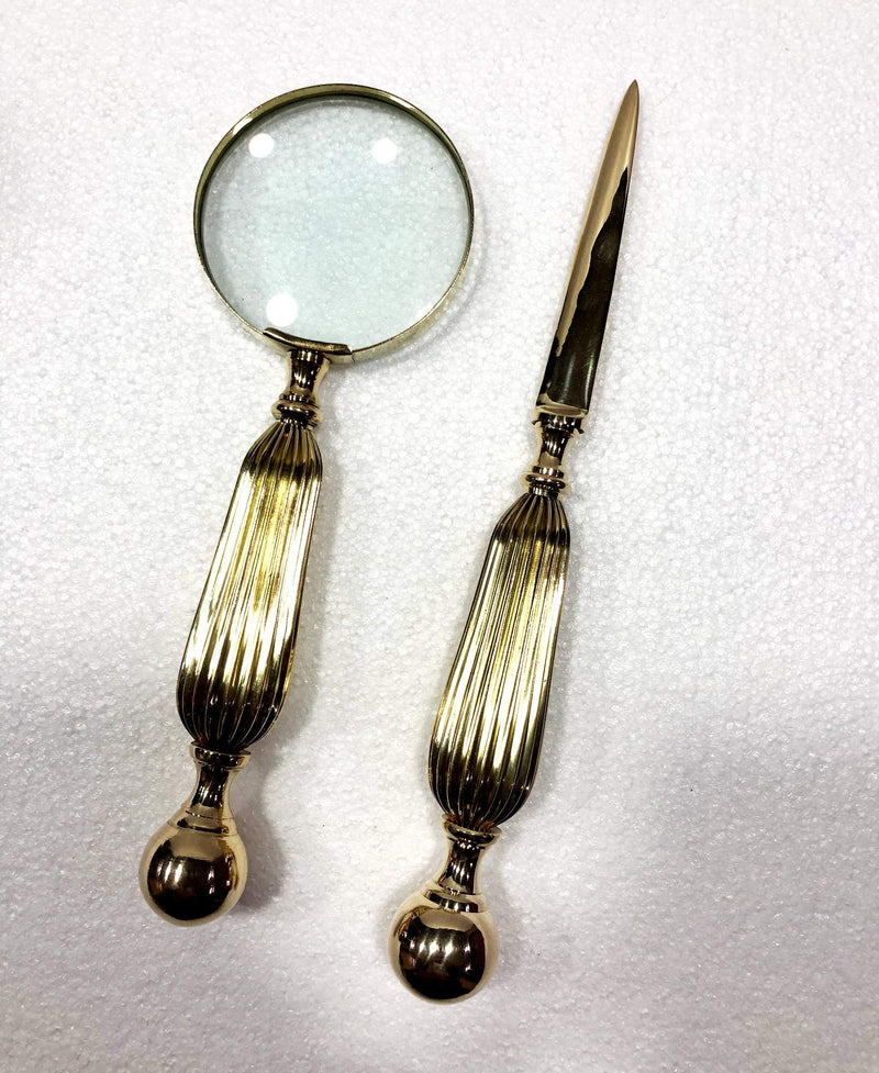 Set of 2 Decorative Shiny Brass Magnifying Glass & Letter Opener with Brass Stand
