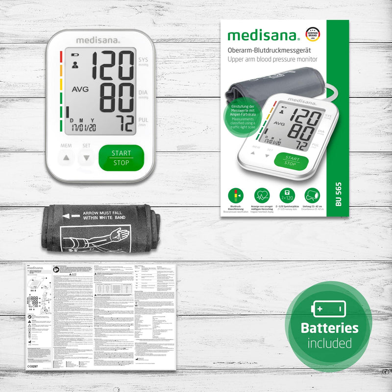 medisana BU 565 blood pressure monitor for the upper arm, precise blood pressure and pulse measurement, memory function, large display for easy reading, traffic light scale, arrhythmia detection & warning