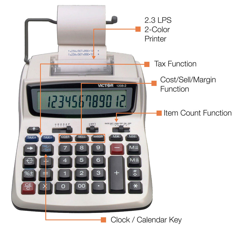 Victor Printing Calculator, 1208-2 Compact and Reliable Adding Machine with 12 Digit LCD Display, Battery or AC Powered, Includes Adapter,White 1.5" x 6" x 7.5"