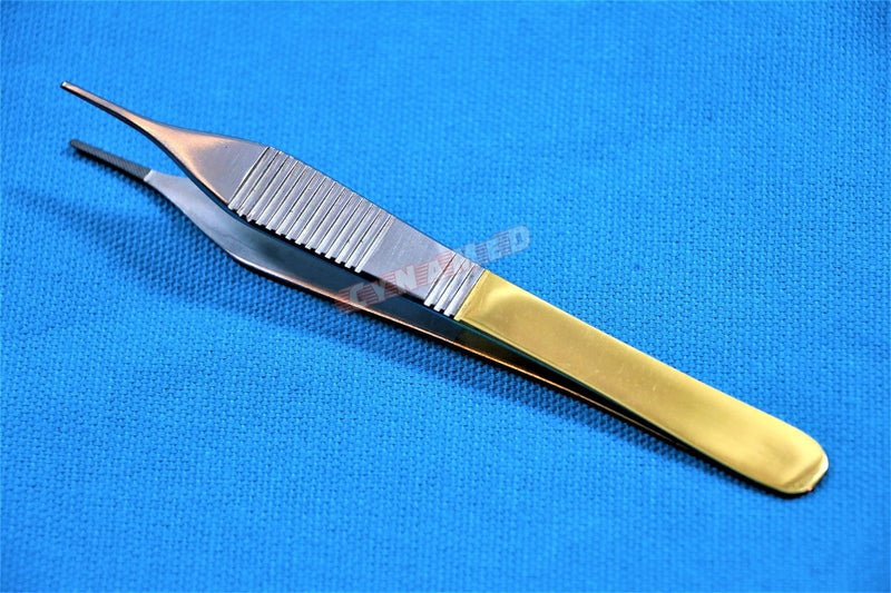 New German Grade Adson Dressing Forceps Micro 4.75" with Tungsten Carbide Inserts and Gold Handle Premium Dental Surgical Instruments Cynamed