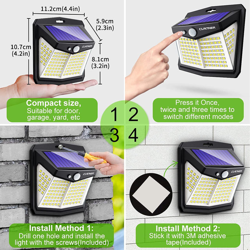 CLAONER Solar Lights Outdoor, [128 LED/4 Packs] Solar Motion Sensor Lights 3 Working Modes Outdoor Lights with 270 Degree Wide Angle Wireless IP65 Waterproof Solar Security Lights for Yard Garage Deck 4 Packs