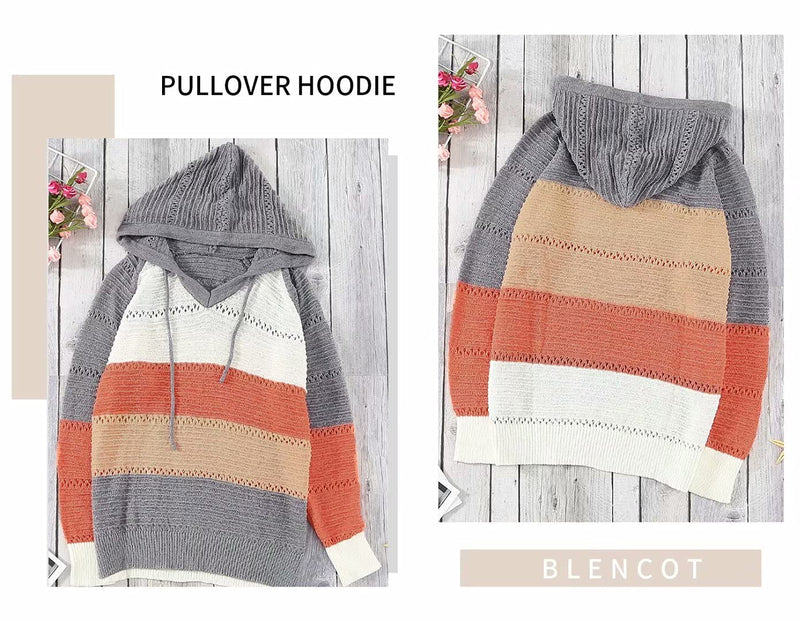 BLENCOT Women's Lightweight Color Block Hooded Sweaters Drawstring Hoodies Pullover Sweatshirts Small A Gray