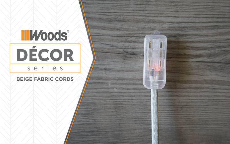Woods 64598301 Decor Series 8-Foot Fabric Braided Indoor Extension Cord with Lighted Ends, 3 Polarized 2-Prong Outlets, Right Angle Plug, 125 Volts, Beige