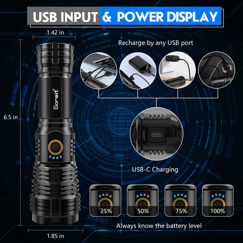 Flashlights LED High Lumens Rechargeable, Goreit 20000 Lumens XHP70.2 Super Bright Flashlight, High Powered Flash Light, Powerful Handheld Tactical Flashlights for Emergency Camping Hiking Gift Black