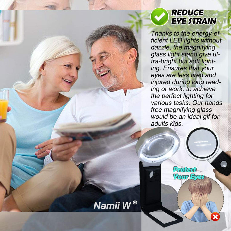 Magnifying Glass with Light and Stand Hands Free, LED Lighted Magnifier Adjustable Folding, Illuminated Magnifying Glass Portable for Reading, Exploring, Hobbies & Crafts 6X 25X