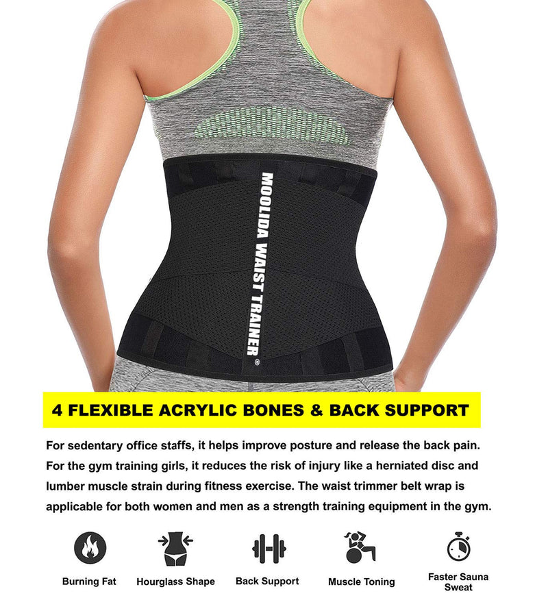 Moolida Waist Trainer Belt for Women Waist Trimmer Weight Loss Workout Fitness Back Support Belts Black Small