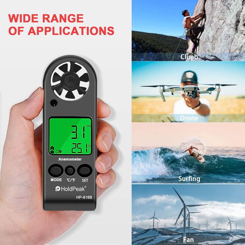 HOLDPEAK HP-816B Anemometer Handheld Wind Speed Meter Gauge Air Flow Velocity Measurement with Wind Chill Indication and Backlight for Windsurfing Kite Flying Shooting (Gift : Compass) 2-HP-816B w/ Leather case