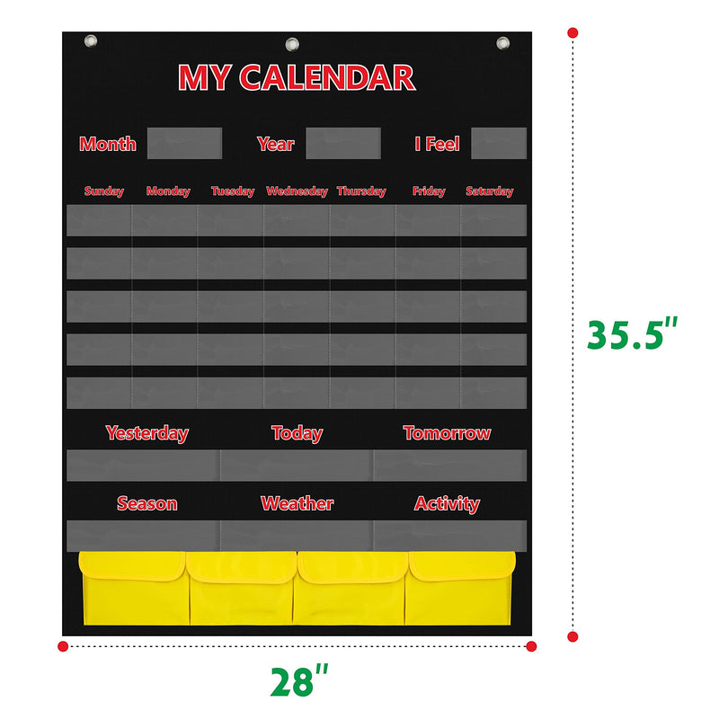 Black Calendar and Weather Pocket Chart with 148 Cards,(108 Illustrated Activity Cards, 40 Dry Erasable Flash Cards and 3 Hooks 28"x35.5") Black
