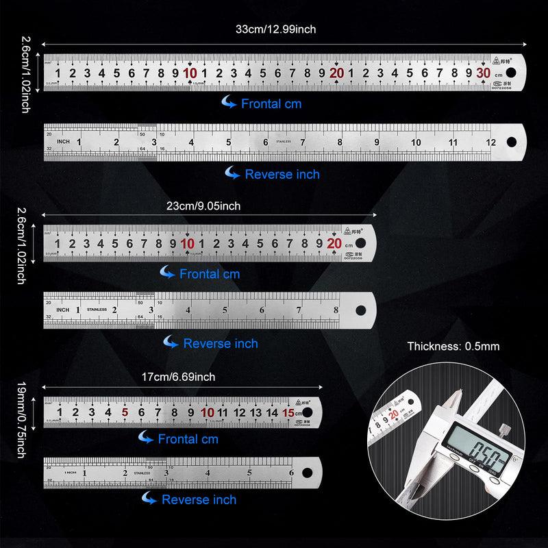 TONAUP Pack of 3 stainless steel rulers, steel ruler, double side scale, edge measuring tool, including 15 cm / 20 cm / 30 cm for engineering, teaching, office silver