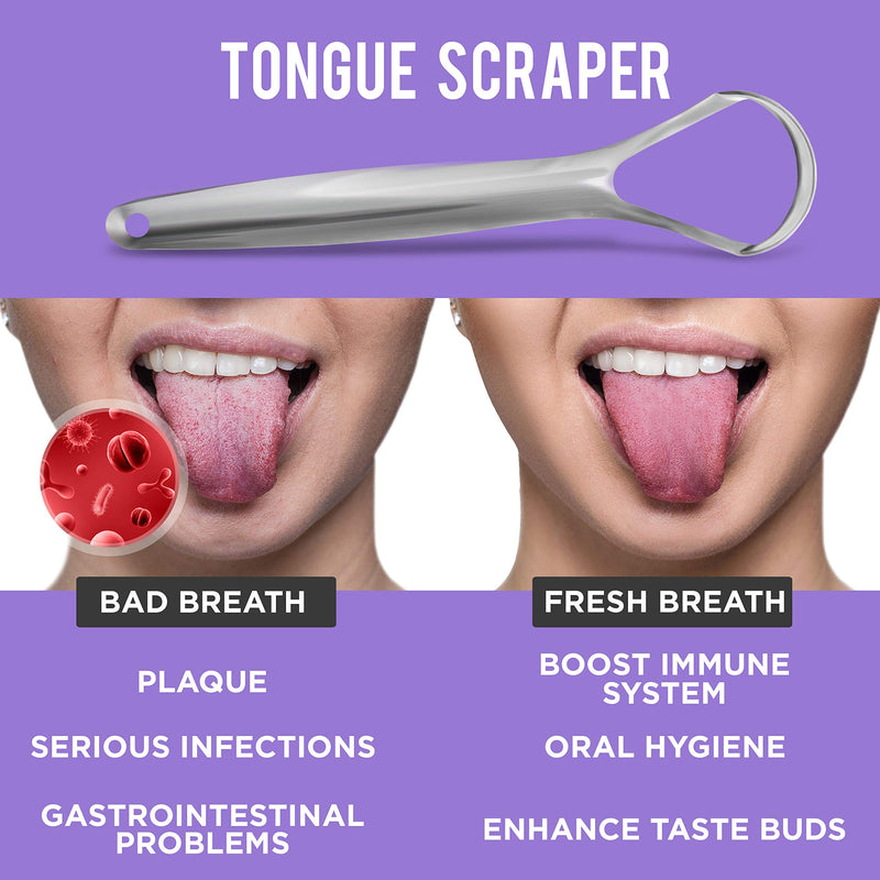 Tongue Scraper (2 Pack), Reduce Bad Breath (Medical Grade), Stainless Steel Tongue Cleaners, 100% Metal Tongue Scrapers Fresher Breath in Seconds 2 Count (Pack of 1)
