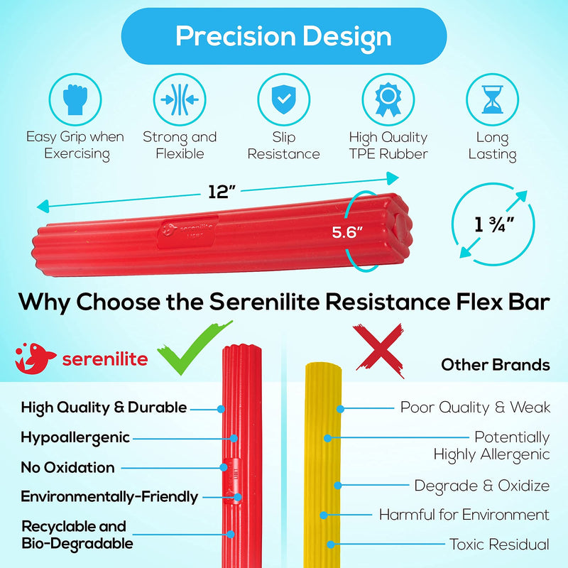 Serenilite Flexible Resistance Bar | Grip Strength Trainer, Resistance Band, Forearm Exerciser Workout | Flexbar for Tennis Elbow, Golfers Elbow, Physical Therapy, Pain Relief, Tendonitis, Recovery… Light (Red)