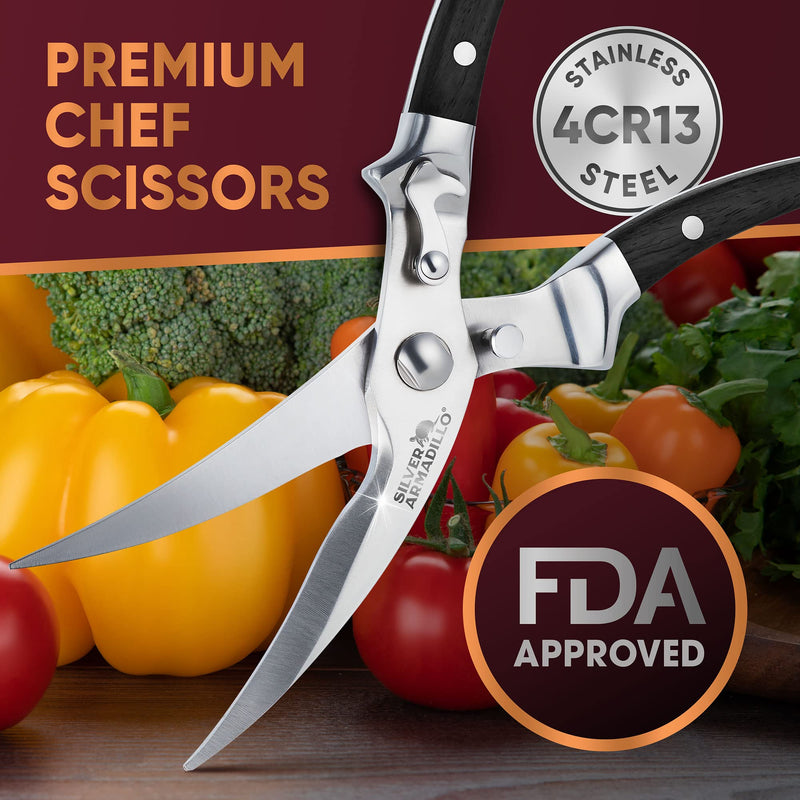 Heavy Duty Poultry Shears | Food Grade Stainless Steel Scissors for Bone, Chicken, Meat, Fish, Seafood, Vegetables | Anti-Rust Ergonomic Spring Loaded Food SHEAR | Built-In Lock |(Black Wood Handles) Black Wooden Handles