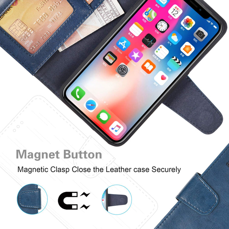 Arae Case for iPhone X/Xs, Premium PU Leather Wallet Case [Wrist Straps] Flip Folio [Kickstand Feature] with ID&Credit Card Pockets for iPhone X (2017) / Xs (2018) 5.8 inch (not for Xr) - Blue