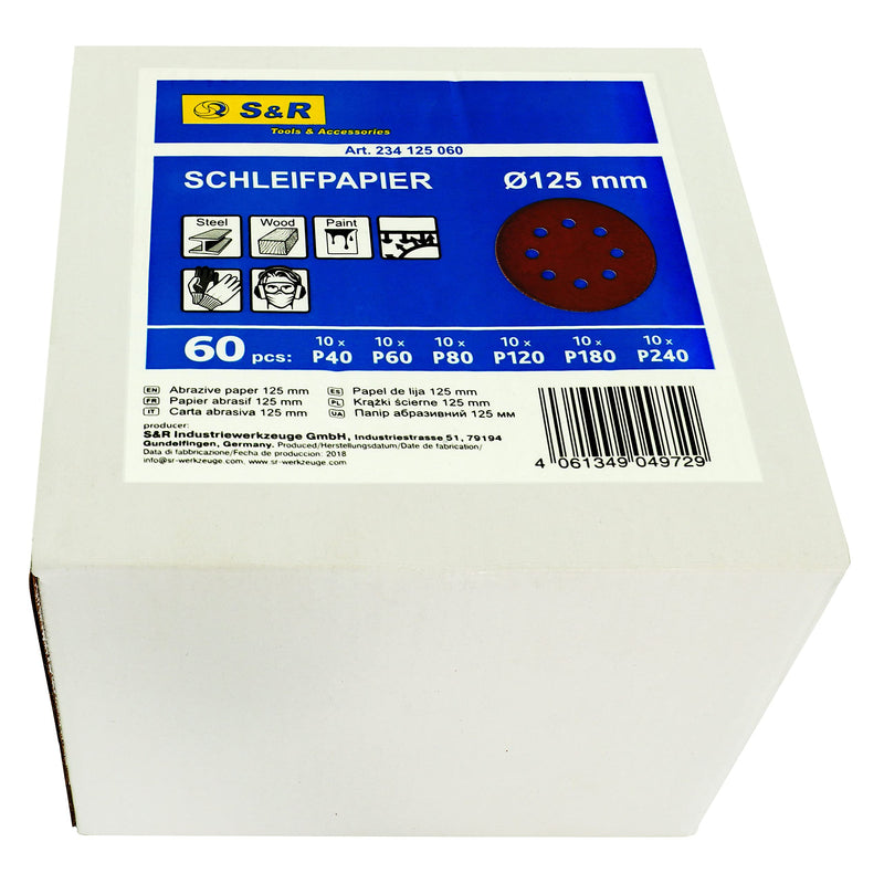 S&R Velcro sandpaper set 125mm, master, 8 holes, 60 pieces. Sanding sheets, sanding discs for eccentric sanders: 10*P40, 10*P60, 10*P80, 10*P120, 10*P180, 10*P240