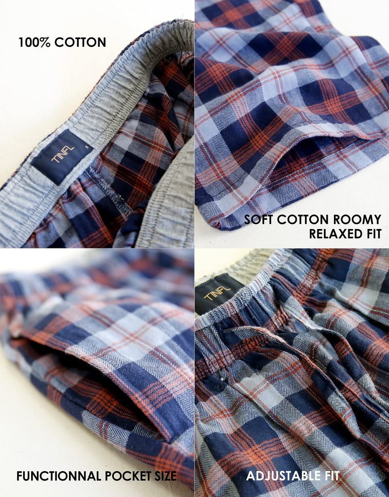 TINFL Cotton Short Lounge Pants for Men - 100% Woven Soft Plaid Check Lounger Sleeping Pajama Pants with Pockets Large C-sb002-darkgrey