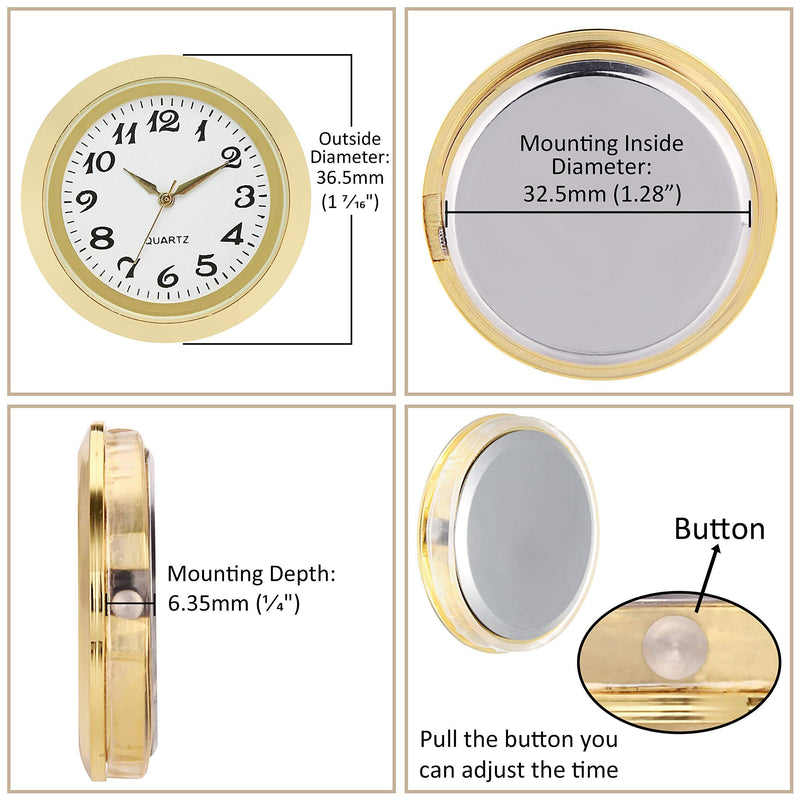 ShoppeWatch Mini Clock Insert Quartz Movement Round 1 7/16 (35mm) Miniature Clock Fit Up White Dial Gold Tone Bezel Arabic Numerals CK094GD