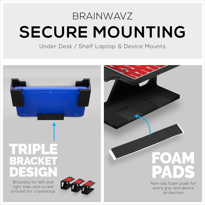 Under Desk Laptop Holder Mount with Adhesive & Screw in, Devices Upto 1.8" Thick Like Laptops, Macbooks, Surface, Keyboard, Routers, Modems, Cable Box, Network Switch & More, by Brainwavz (Black) Black